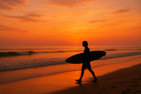 Una imagen de una playa con un atardecer perfecto y una persona caminando con una tabla de surf 